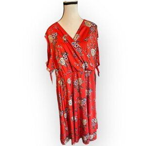 Women’s 2X Michel Studio Red Orange Wrap Front Floral Dress Short Slit Sleeve